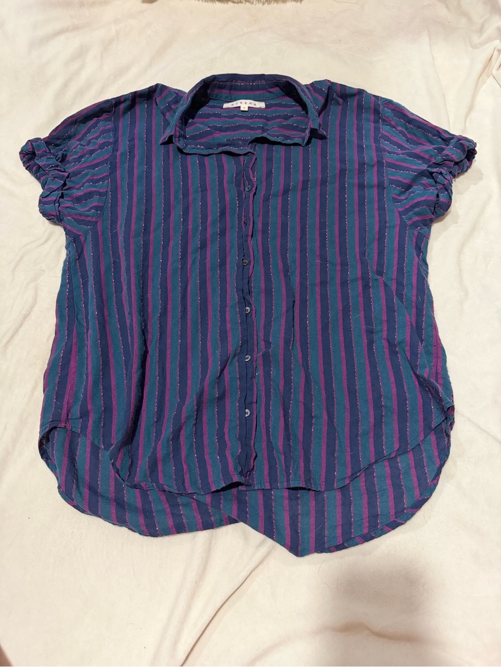 Xirena button-Front Short Sleeve Stripe Top - Navy & Purple